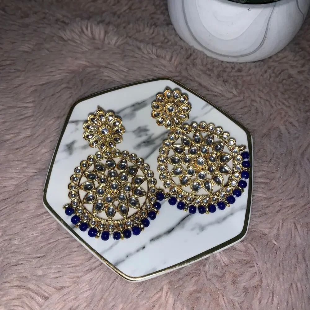 NEW Aheli Gold & Blue Ethnic Indian Traditional Fashion Jewelry Dangle Earrings